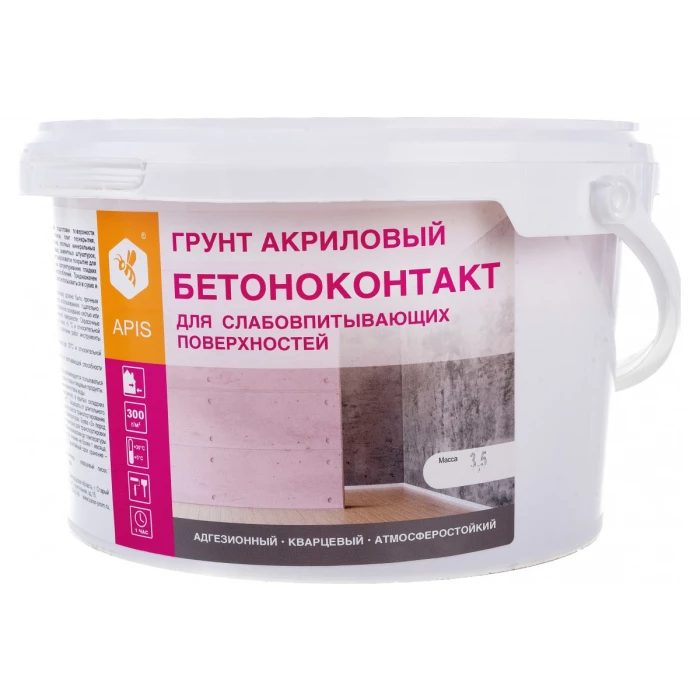Акриловый грунт APIS БЕТОНОКОНТАКТ кварцевый, для внутр. и наруж. работ, ведро 3,5 кг 4665296513830
