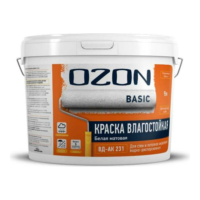 Акриловая интерьерная краска OZON ВД-АК 231 (влагостойкая; белая; 9 л; 14 кг) ВД-АК-231-14