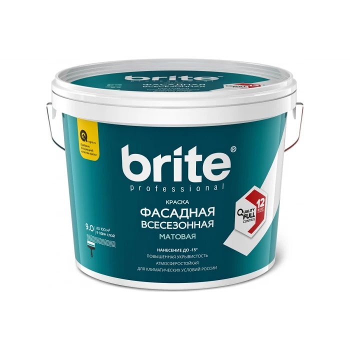 Акриловая краска BRITE PROFESSIONAL ФАСАДНАЯ ВСЕСЕЗОННАЯ, матовая база А, ведро 9 л О02486