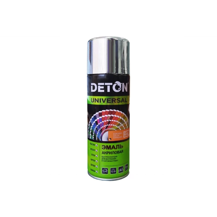 Акриловая эмаль DETON быстросохнущая, хром, аэрозоль 520 мл DTN-A07266