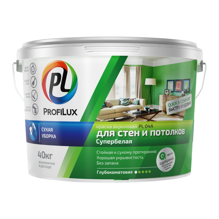 ВД краска акриловая Profilux PL- 04А для стен и потолков супербелая 40 кг Н0000000511