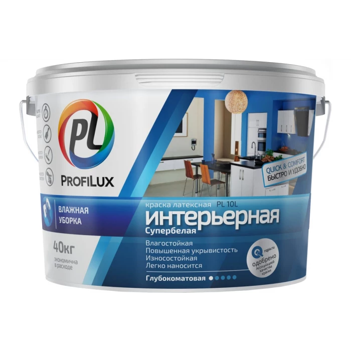 ВД краска латексная Profilux PL- 10L интерьерная влагостойкая супербелая 40 кг Н0000001064