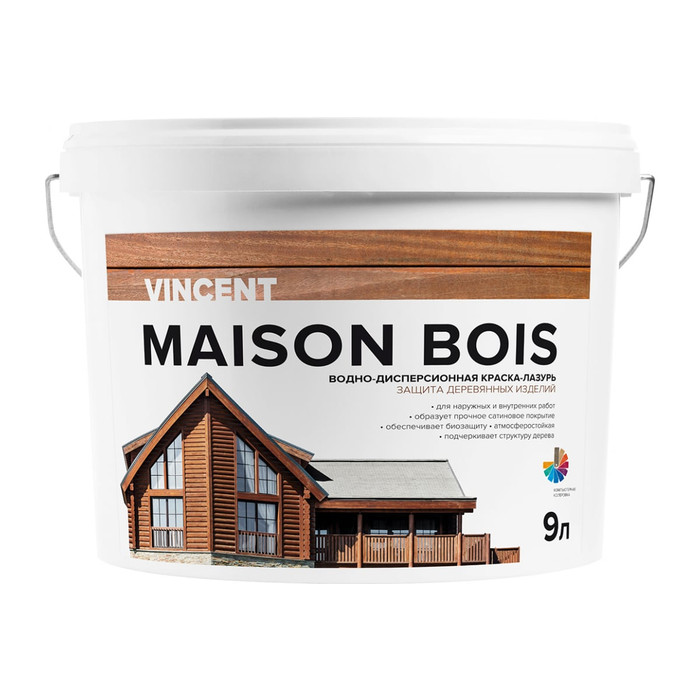 Водно-дисперсионная краска-лазурь VINCENT MAISON BOIS для защиты деревянных изделий, баз А 9л 105-009