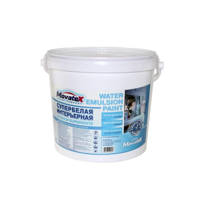 Водоэмульсионная интерьерная краска Movatex супербелая, моющаяся, 6 кг Т02328