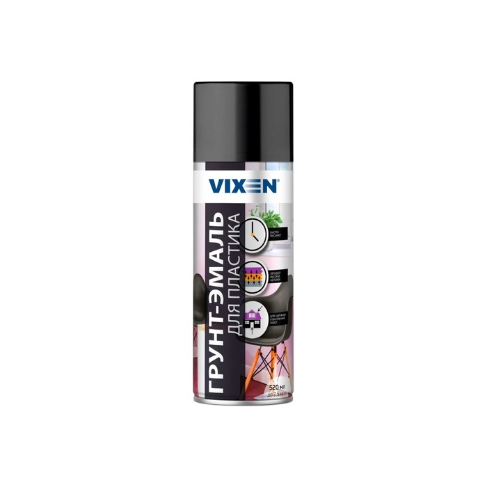 Грунт-эмаль Vixen для пластика, черный матовый RAL 9005, аэрозоль 520 мл VX50100