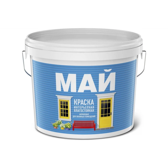 Интерьерная акриловая краска МАЙ влагостойкая, для внутренних работ, белая 13кг О01902