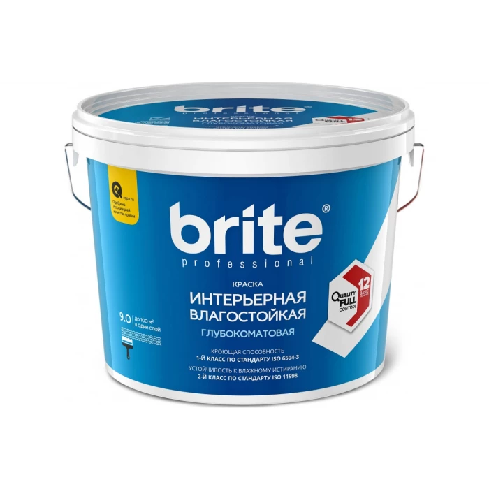 Интерьерная влагостойкая краска BRITE PROFESSIONAL  для стен и потолков глубокоматовая, белая (база А), ведро 9л О02251