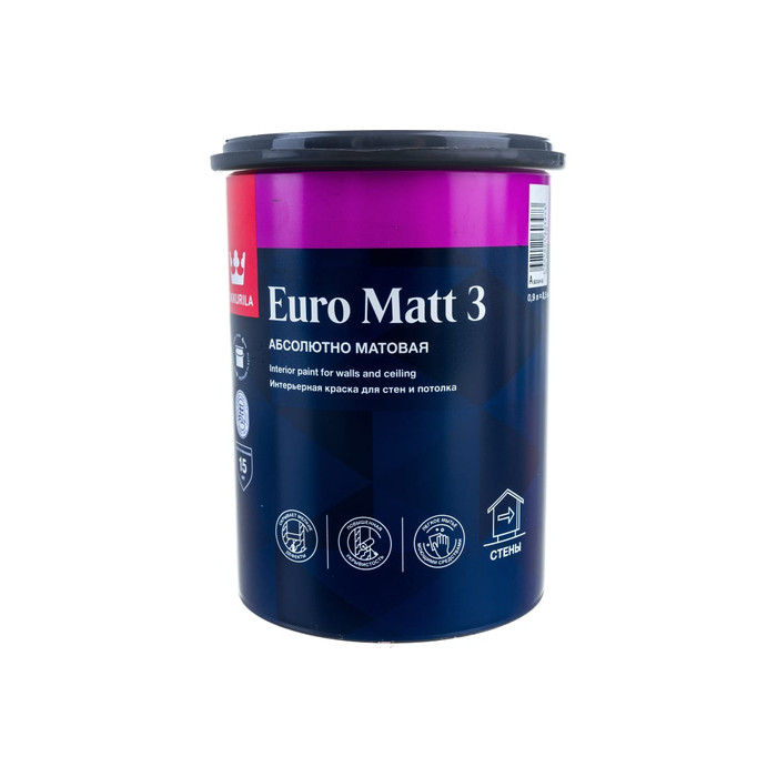 Интерьерная краска TIKKURILA EURO MATT 3 для стен и потолков, абсолютно матовая, база A 0,9л 700001111