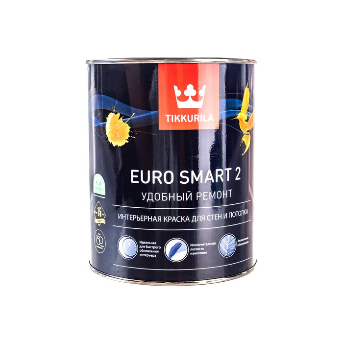 Интерьерная краска TIKKURILA EURO SMART 2 для стен и потолка 0,9л 700009614