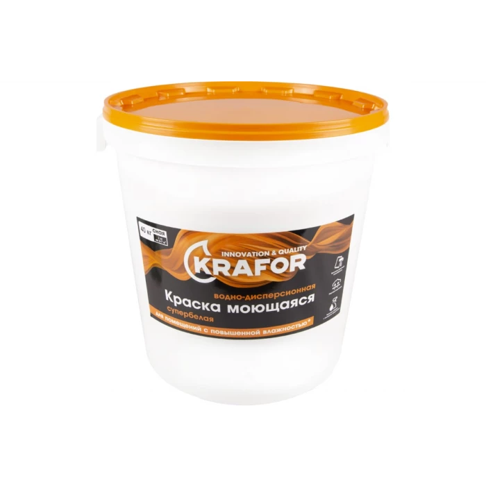 Интерьерная моющаяся водно-дисперсная латексная краска KRAFOR супербелая 40 кг 41836