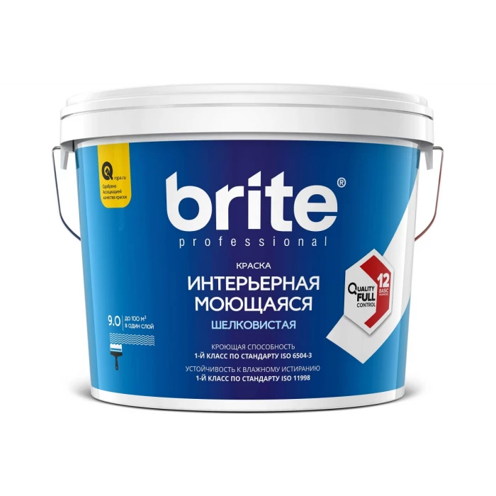 Интерьерная моющаяся краска BRITE PROFESSIONAL шелковистая база С (для колеровки), ведро 9 л О02244