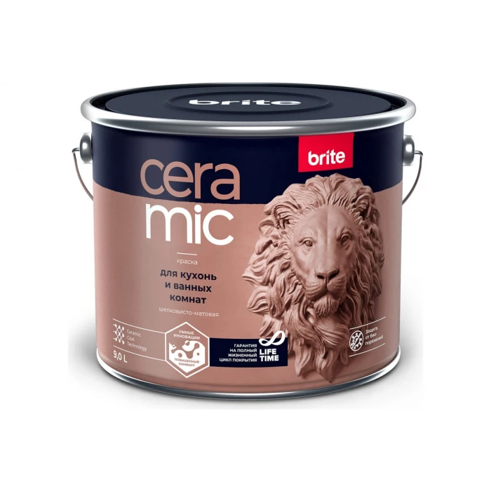 Краска BRITE CERAMIC для кухонь и ванных комнат, акриловая интерьерная, база А, ведро 9 л О04597