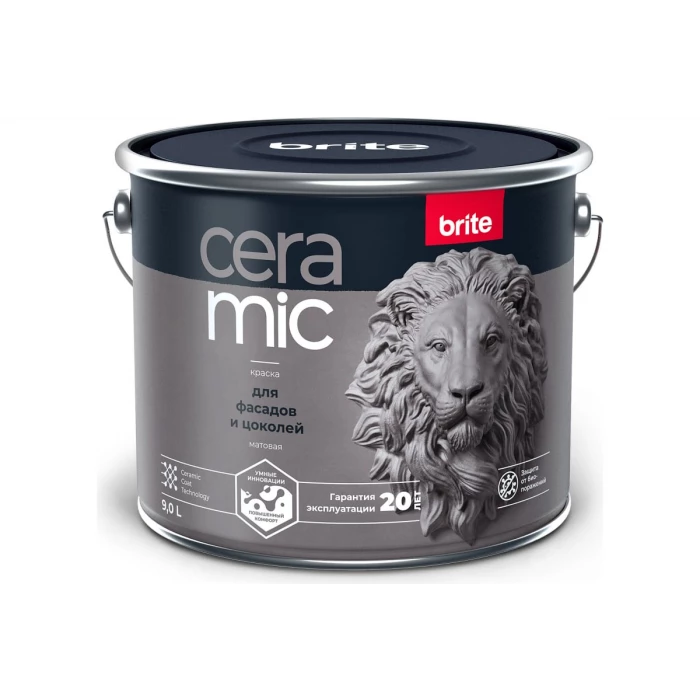 Краска BRITE CERAMIC для фасадов и цоколей база А, ведро 9 л О04602
