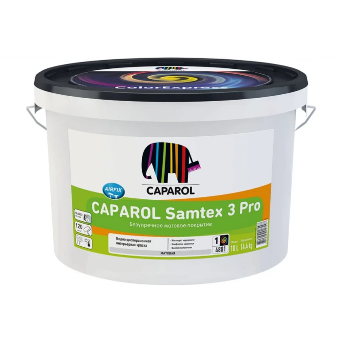 Краска CAPAROL SAMTEX 3 Pro латексная, для стен и потолков, матовая, база 1, 10 л 948104883