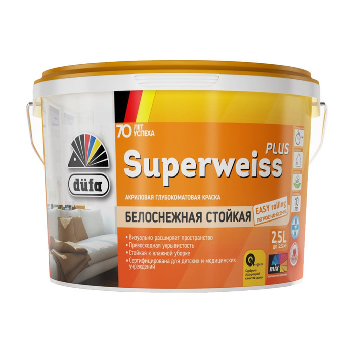 Краска Dufa Retail ВД SUPERWEISS PLUS база 1, 2,5 л МП00-004744