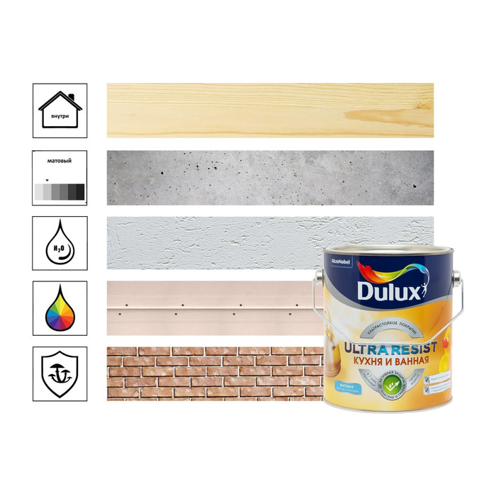 Краска DULUX ULTRA RESIST кухня ванная, матовая, база BW, 5 л 5757353 фото 2
