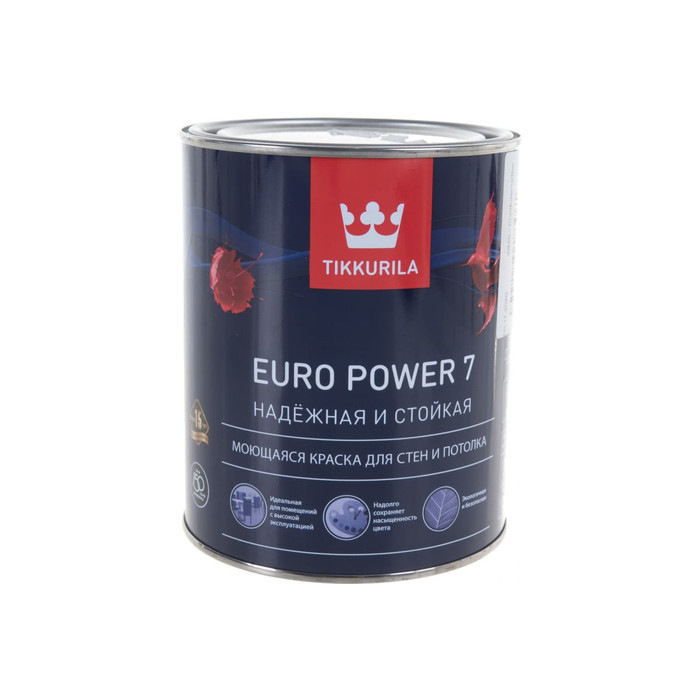 Краска TIKKURILA EURO POWER 7 моющаяся для стен и потолка, матовая, база A 0,9л 700001118
