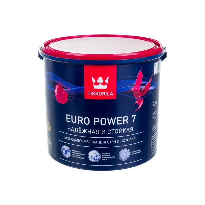 Краска TIKKURILA EURO POWER 7 моющаяся для стен и потолка, матовая, база A 2,7л 700001120 фото 2