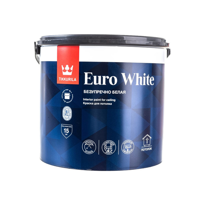 Краска TIKKURILA EURO WHITE безупречный потолок, для потолка, глубокоматовая, белая 2,7л 700009609