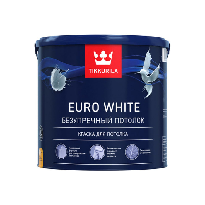 Краска TIKKURILA EURO WHITE безупречный потолок, для потолка, глубокоматовая, белая 9л 700009612