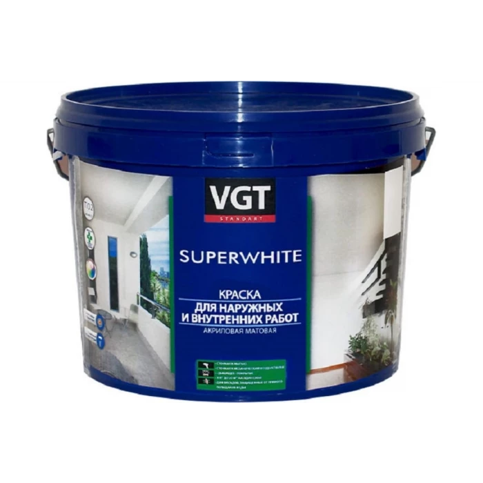 Краска VGT Супербелая ВД АК 1180 моющаяся, для нар/внутр работ 3кг 11605418