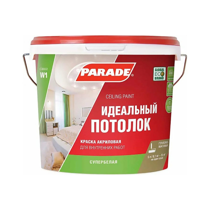 Краска акриловая белая матовая PARADE W1 Идеальный потолок 5 л Россия 90002002305