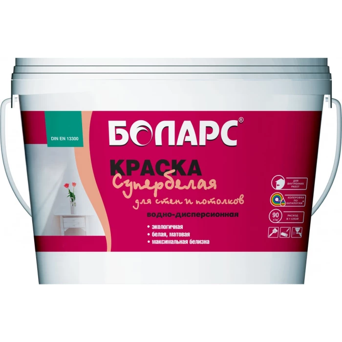 Краска БОЛАРС для стен и потолков супербелая 2100, 7 кг 00000005572