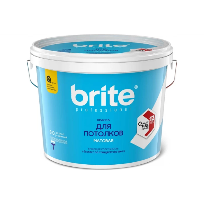 Краска для потолков BRITE PROFESSIONAL белая, матовая, база А, банка 9 л О02247