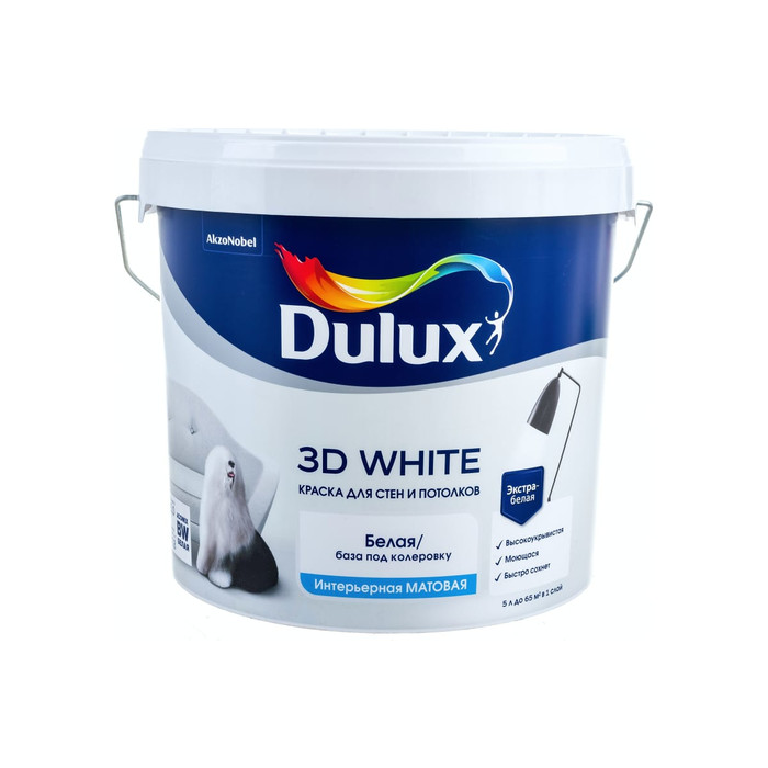 Краска для стен и потолков Dulux 3D WHITE ослепительно белая, матовая, база BW (5л) 5701639 фото 8