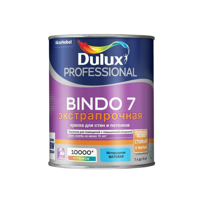 Краска для стен и потолков DULUX BINDO 7 износостойкая, матовая, белая, база BW 1 л 5309395