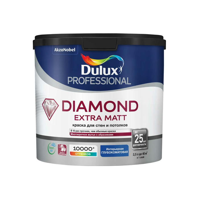 Краска для стен и потолков DULUX PROFESSIONAL DIAMOND EXTRA MATT для внутренних работ, глубокоматовая, база BW, 2.5 л 5717204
