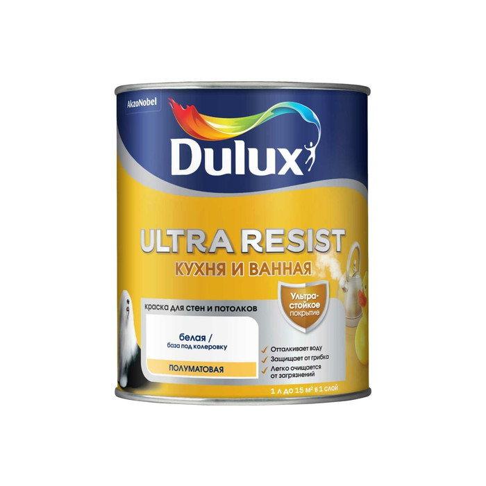 Краска для стен и потолков DULUX ULTRA RESIST КУХНЯ И ВАННАЯ полуматовая база BW 1 л 5757418
