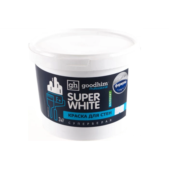 Краска для стен, F+ стандарт, супербелая - 3кг, готовый раствор Goodhim 89199