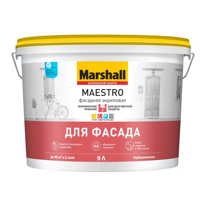 Краска для фасадных поверхностей MARSHALL MAESTRO ФАСАДНАЯ латексная, матовая, база BW, 9 л 5248873