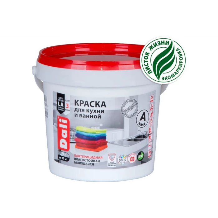 Латексная краска Dali для кухни и ванной База А влагостойкая биозащитная 0.9 л 6 30051