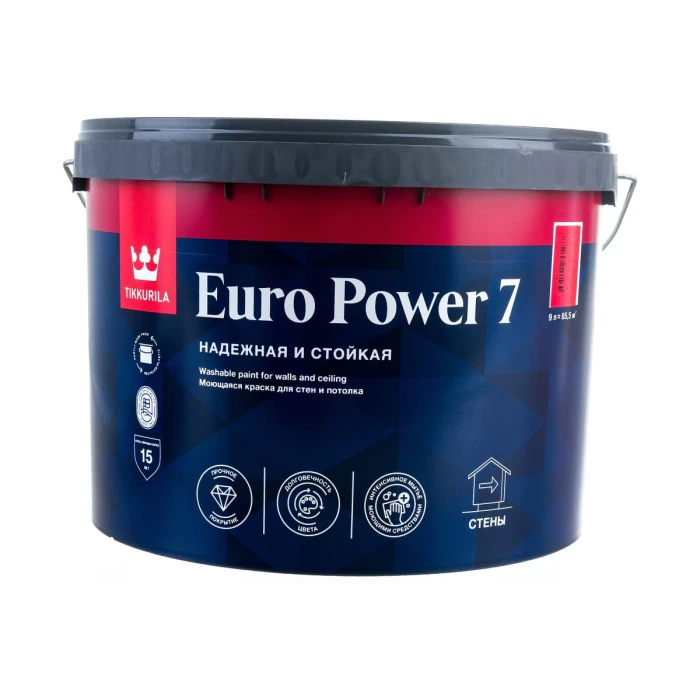 Моющаяся для стен и потолков краска TIKKURILA euro power-7 база с 9 л 16778