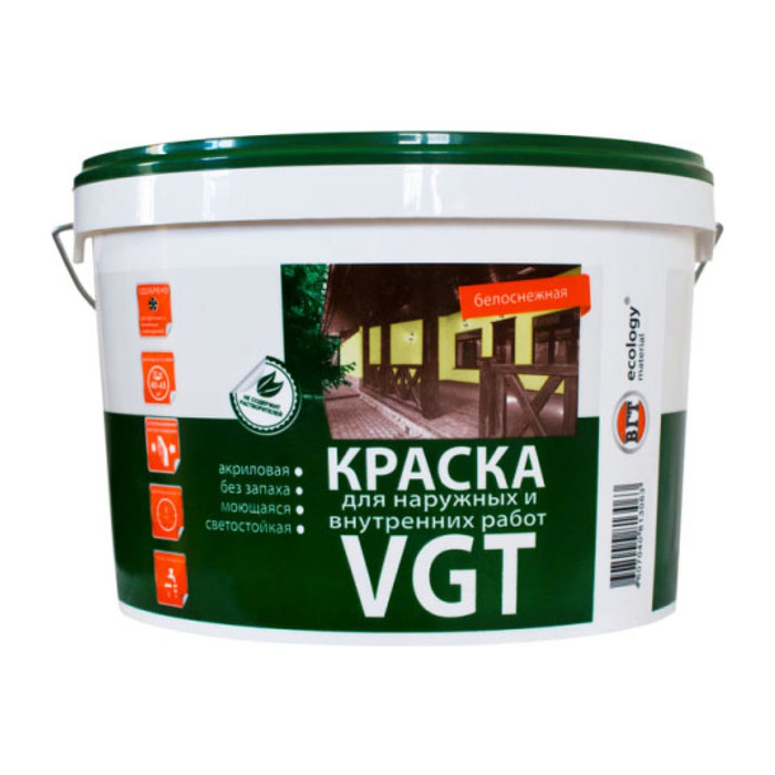 Моющаяся краска VGT ВД АК 1180 Белоснежная, для нар/внутр работ 7кг 11601905