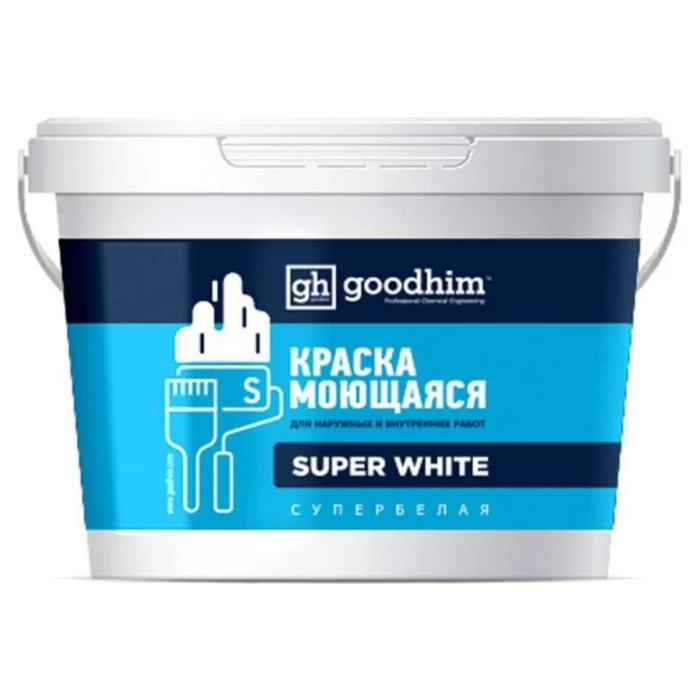 Моющаяся краска для светлых тонов, S стандарт, база А, супербелая - 14кг, готовый раствор Goodhim 89328