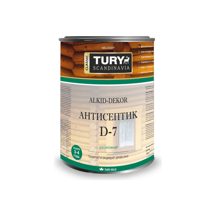 Тонирующий антисептик TURY D-7 Alkid-Dekor (бесцветный; 0.8 л) 00020013155