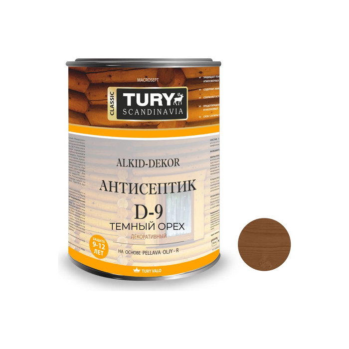 Тонирующий антисептик TURY D-9 Alkid-Dekor (темный орех; 0,9 л) T1-00002226