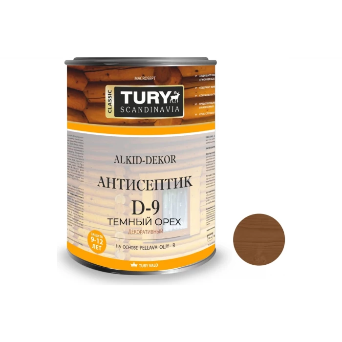 Тонирующий антисептик TURY D-9 Alkid-Dekor (темный орех; 0,9 л) T1-00002226