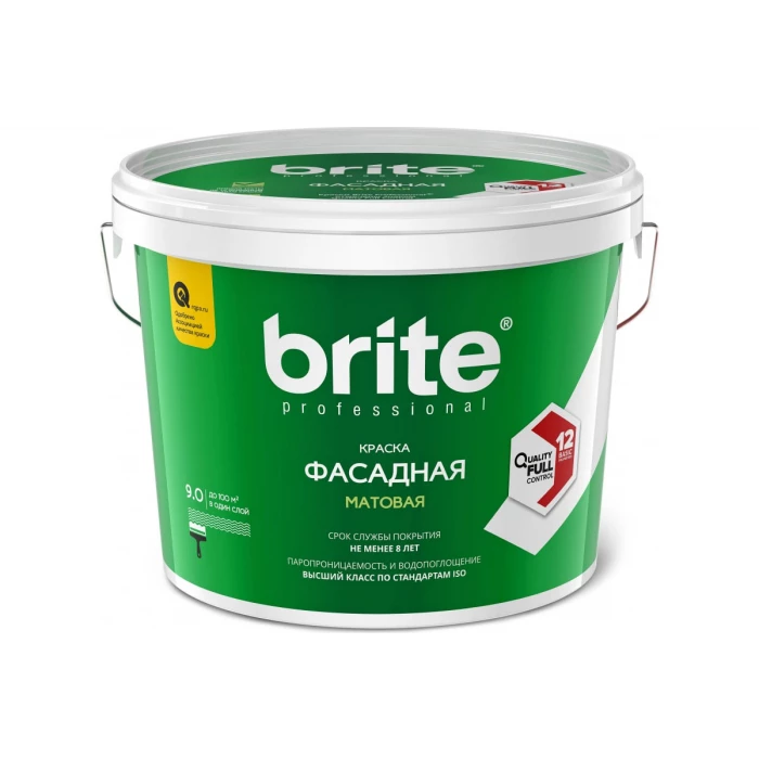 Фасадная краска для наружных и внутренних работ BRITE PROFESSIONAL белая, матовая, база А, ведро 9л О02235
