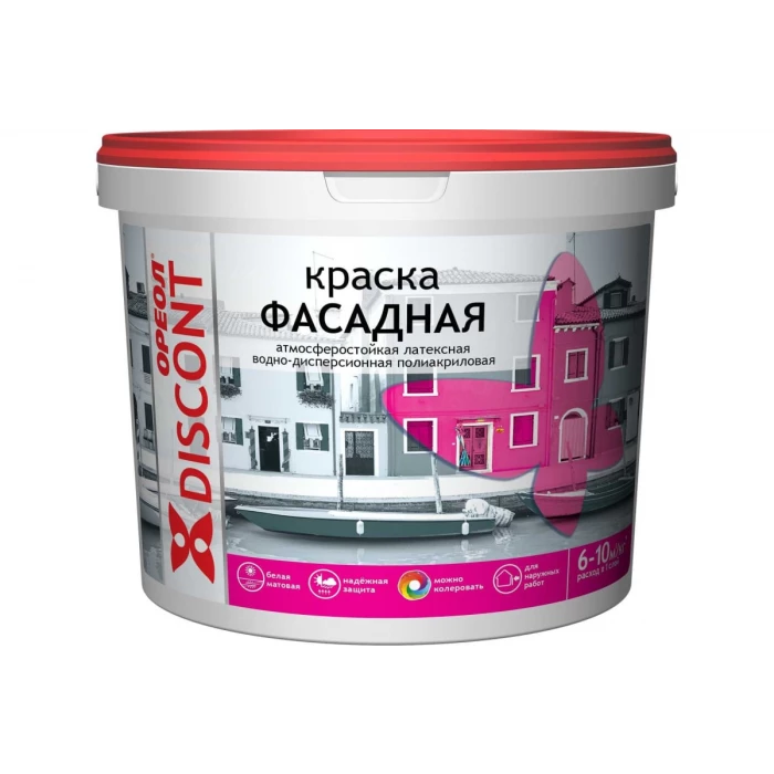 Фасадная краска ОРЕОЛ Дисконт ВД, атмосферостойкая, белая, 1.5 кг 5433