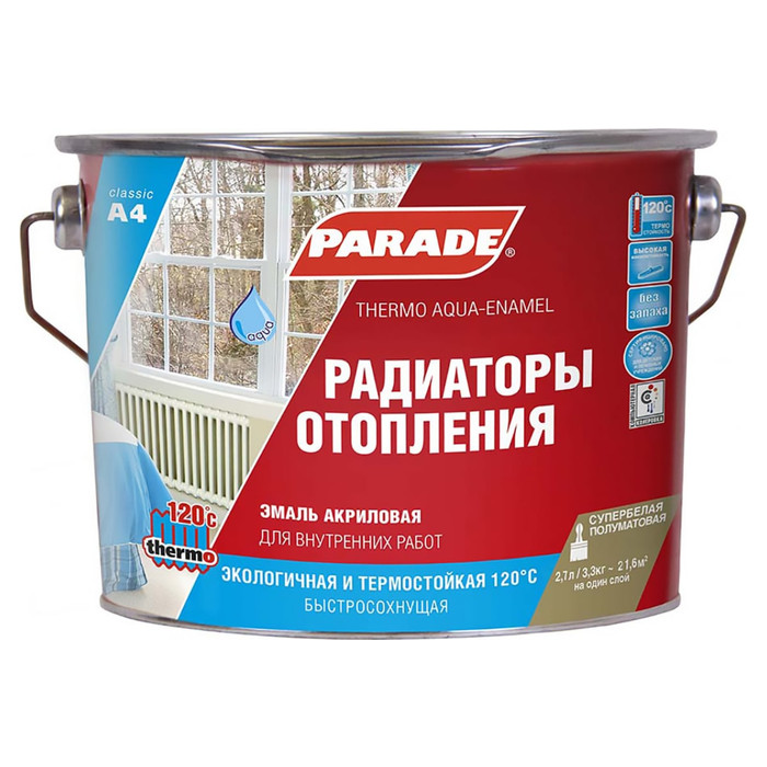 Эмаль акриловая термо белая полуматовая  PARADE А4 Радиаторы отопления 2,7 л Россия 90003187639