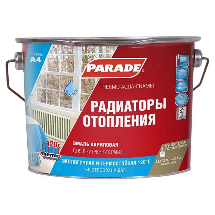 Эмаль акриловая термо белая полуматовая  PARADE А4 Радиаторы отопления 2,7 л Россия 90003187639