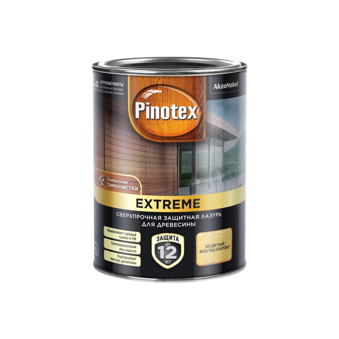 Лазурь с эффектом самоочистки для защиты древесины PINOTEX EXTREME (прозрачная ВС; 0.9 л) 5351704