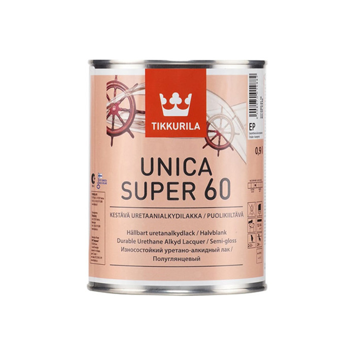 Лак TIKKURILA UNICA SUPER 60 алкидно уретановый универсальный, износостойкий, полуглянцевый 0,9л 55764040110