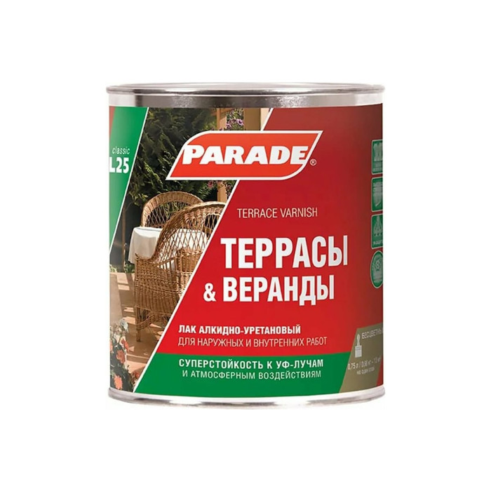 Лак алкидно-уретановый PARADE L25 Террасы & Веранды п/мат 0,75 л Россия 90003467425