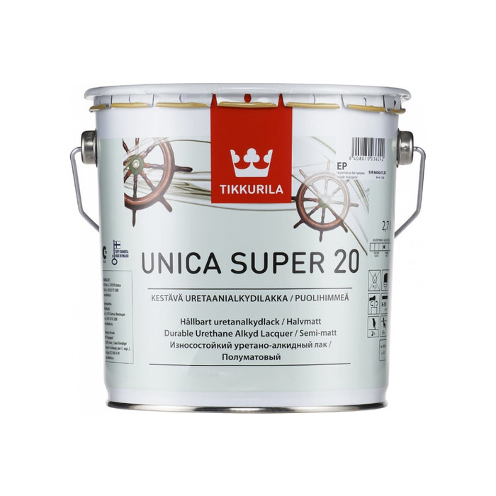 Универсальный лак TIKKURILA UNICA SUPER 20 алкидно-уретановый  износостойкий, полуматовый 2,7л 55964040130