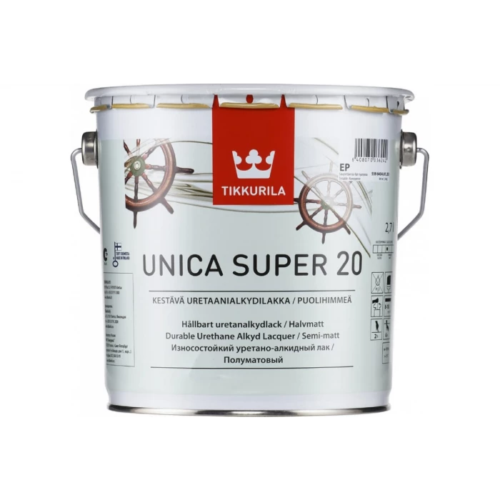 Универсальный лак TIKKURILA UNICA SUPER 20 алкидно-уретановый  износостойкий, полуматовый 2,7л 55964040130